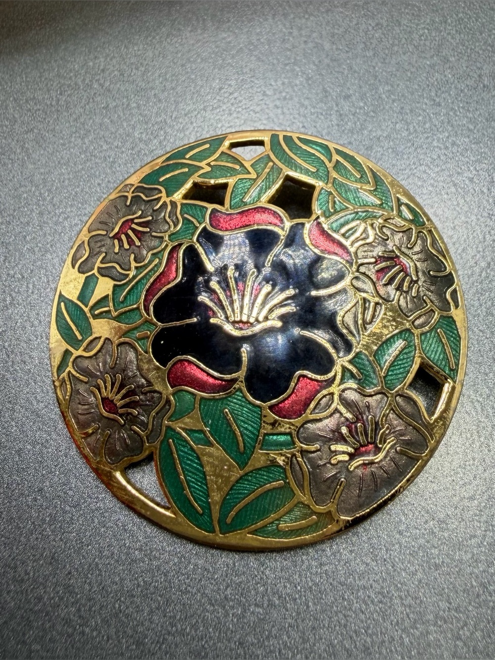 Floral Cloisonné Round Brooch with Black & Green Enamel #154clo